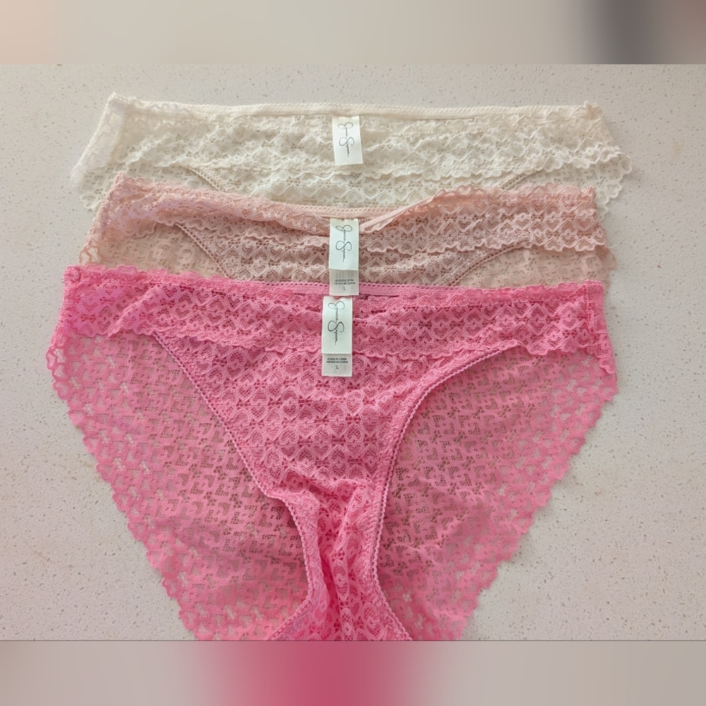 Jessica Simpson Lace Bikini Panty Trio - Bright Pink, Blush, Cream